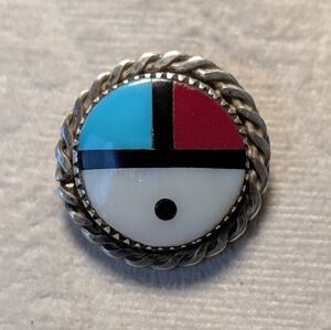 Vintage Sunface Brooch 1" Sterling Silver Inlay Turquoise Coral